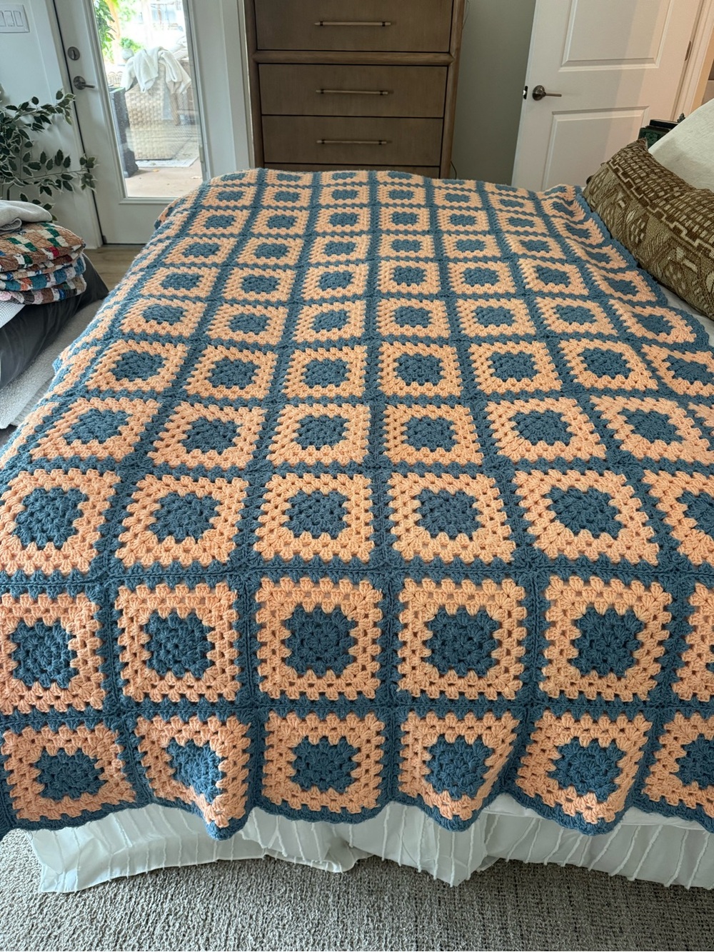 Handmade Peach and Teal Crochet Granny Square Bedspread
